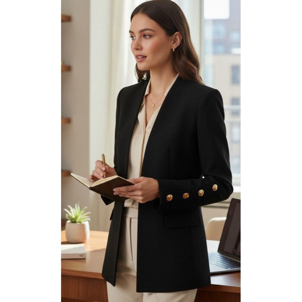 DESIGNER DONNA KARAN NEW YORK BLACK COLLARLESS GOLD COLOR BUTTONS BLAZER 12.R